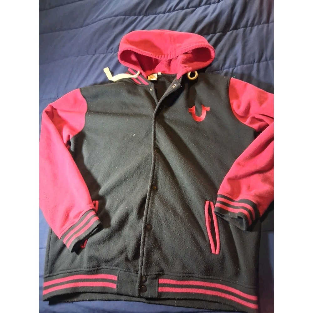 True Religion Varsity Jacket Mens‎ XL Black Red Horseshoe Logo Hood